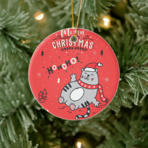 Cute and Funny Cat Christmas joyful Greetings Ceramic Ornament