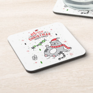 Cute and Funny Cat Christmas joyful Greetings Coaster