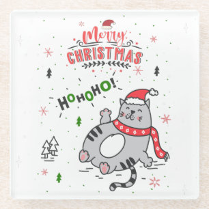 Cute and Funny Cat Christmas joyful Greetings Glass Coaster