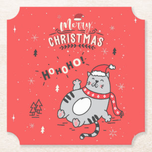 Cute and Funny Cat Christmas joyful Greetings Paper Coaster