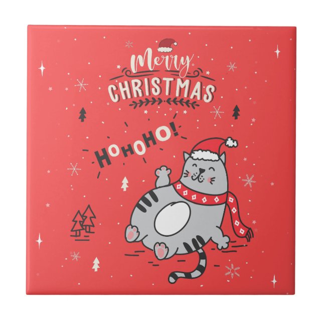 Cute and Funny Cat Christmas joyful Greetings Tile (Front)