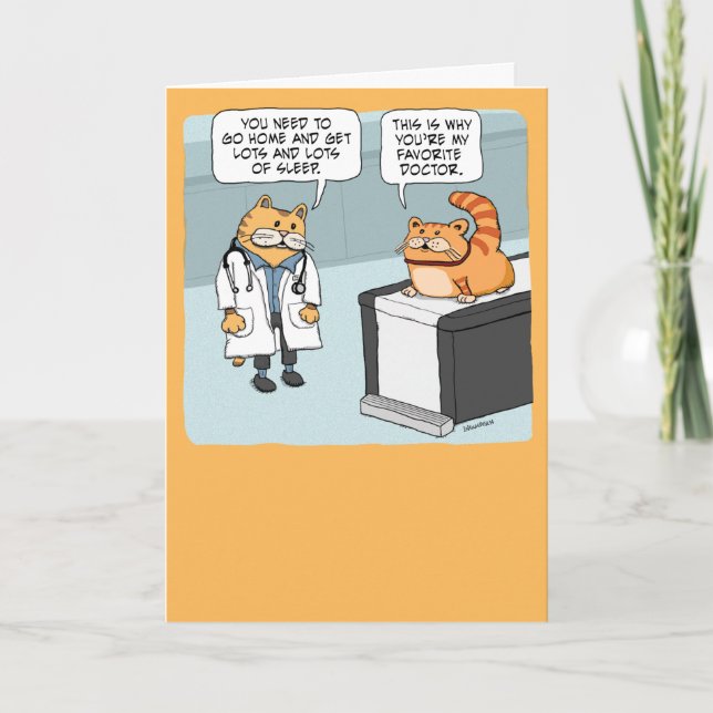 Cute and Funny Cat Doctor Says Nap More Birthday Card (Front)