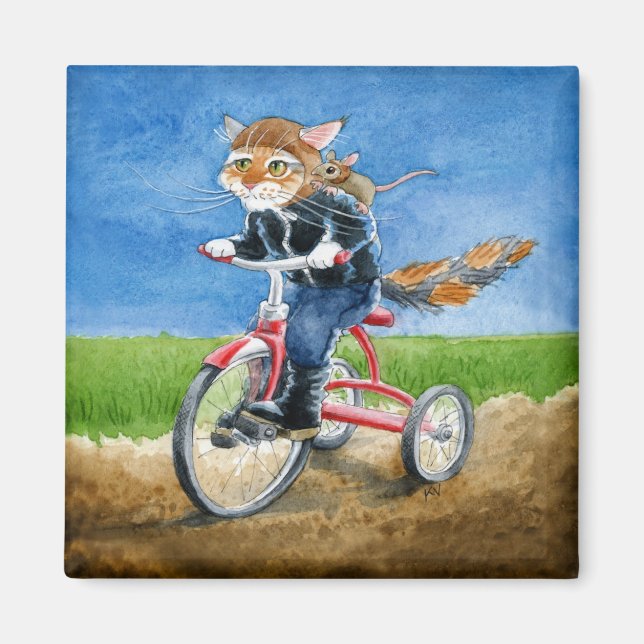 Cute and funny cat & mouse riding tricycle magnet (Front)