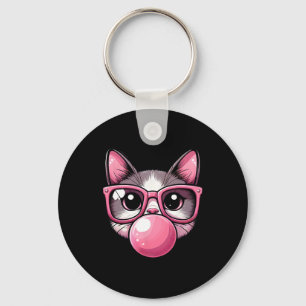 Cute And Funny Cat Pink Sungles And Blowing Bubble Keychain