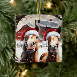 Cute and Funny Christmas Horses Barn Ceramic Ornament