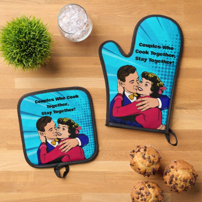 Cute and Funny Couples Cook Together Retro Kitchen Oven Mitt & Pot Holder Set (Top Down)