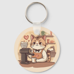 Cute and Funny Cozy Cartoon Barista Cat Keychain