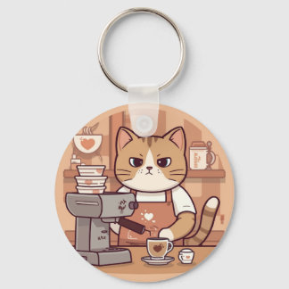 Cute and Funny Cozy Cartoon Barista Cat  Keychain