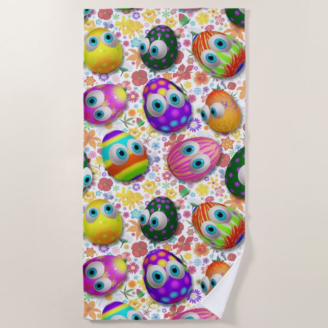 Cute and Funny Easter Eggs Cartoon Beach Towel (Front)