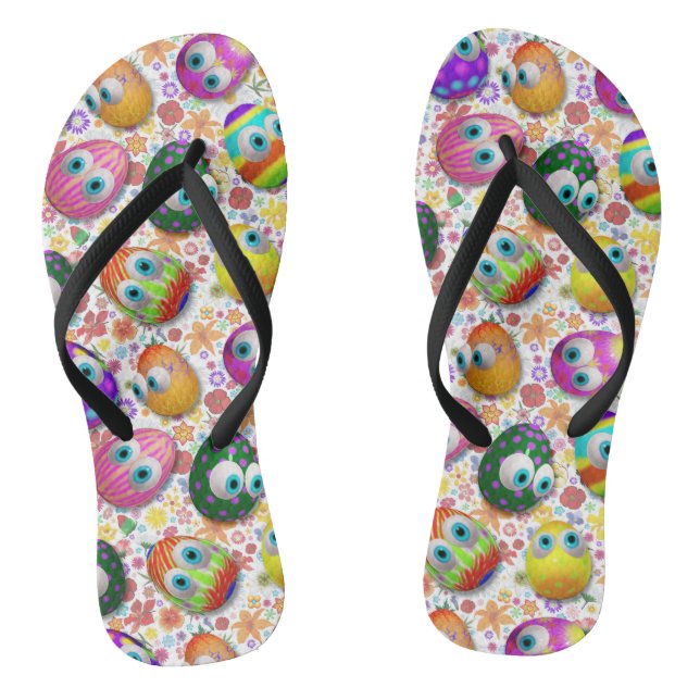 Cute and Funny Easter Eggs Cartoon Flip Flops (Footbed)
