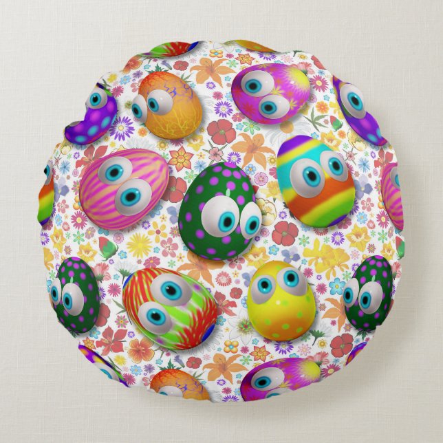 Cute and Funny Easter Eggs Cartoon Round Pillow (Front)