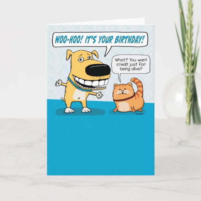 Cute and Funny Excited Dog and Grumpy Cat Birthday Card (Front)