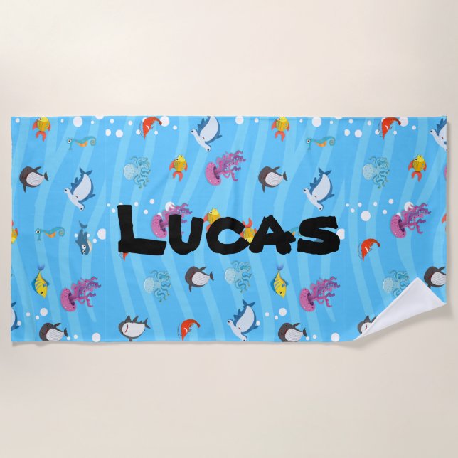 cute and funny fish ocean blue Personalized Kids Beach Towel (Front)