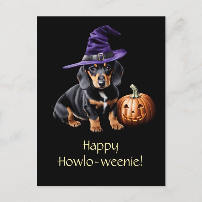 Cute and Funny Halloween Dachshund Dog Holiday Postcard (Front)