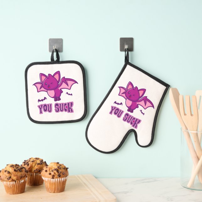 Cute and Funny Halloween Vampire Bats You Suck Oven Mitt & Pot Holder Set (Insitu(Hanging))