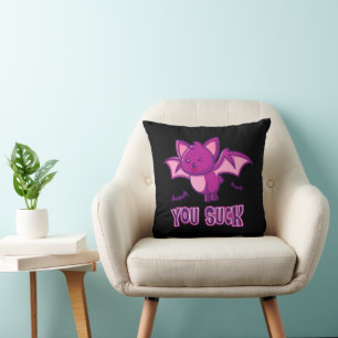 Cute and Funny Halloween Vampire Bats You Suck Throw Pillow