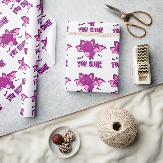 Cute and Funny Halloween Vampire Bats You Suck Wrapping Paper (Crafts)