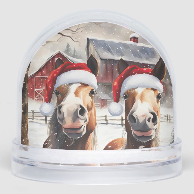 Cute and Funny Horses in Snow Christmas Snowglobe (Front)