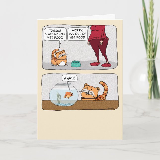 Cute and Funny Hungry Cat and Fish Birthday Card (Front)