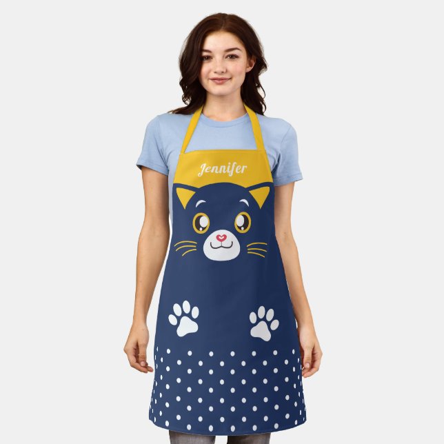 Cute and Funny Kitten Face Polka Dots Paw Apron (Worn)