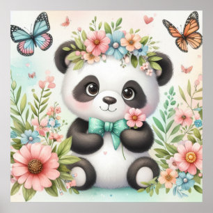 Cute and funny panda bear among flowers watercolor poster