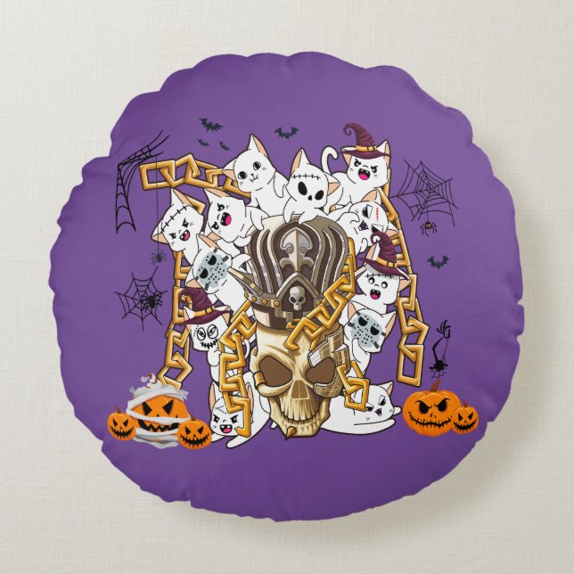 Cute and Funny Spooky Evil Cats Round Pillow (Front)
