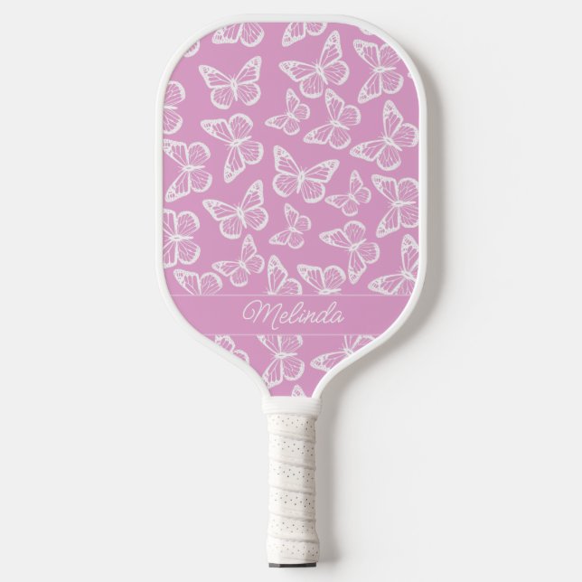 Cute and Girly Butterfly Pastel Pink Add Your Name Pickleball Paddle (Front)