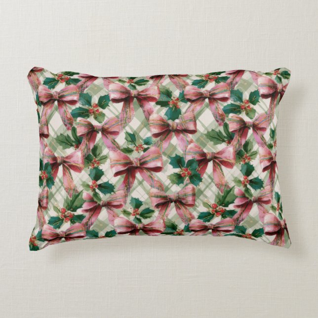 Cute and Girly Christmas Bows and Holly Pattern Accent Pillow (Front)