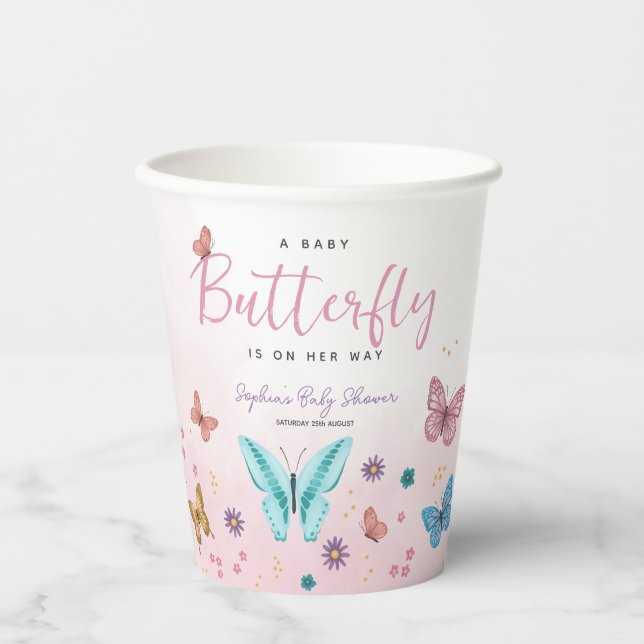 Cute and Girly Pink Butterfly Girls Baby Shower Paper Cups (Front)