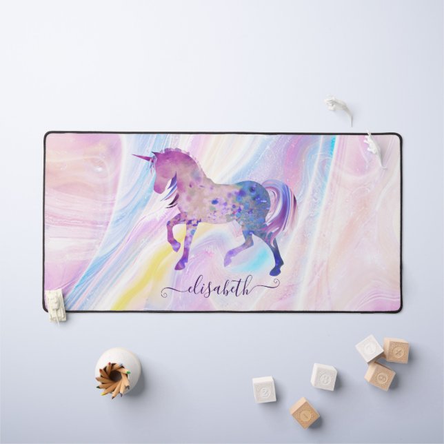 Cute And Girly Purple And Pink Unicorn Custom Name Desk Mat (Kids Table)