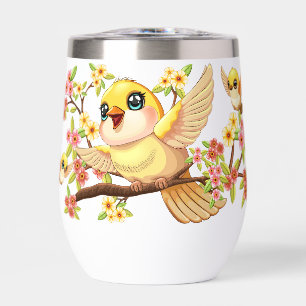 Cute and Happy Birds among Spring Flowers