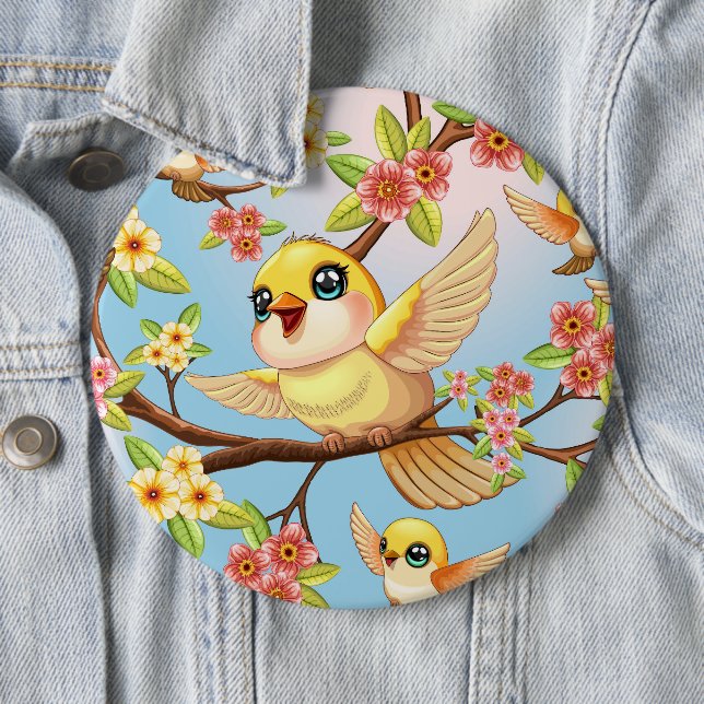 Cute and Happy Birds among Spring Flowers 6 Inch Round Button (In Situ)