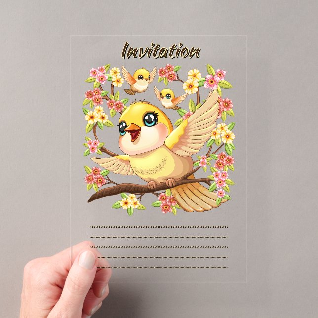 Cute and Happy Birds among Spring Flowers Acrylic Invitations (Insitu (Handheld))