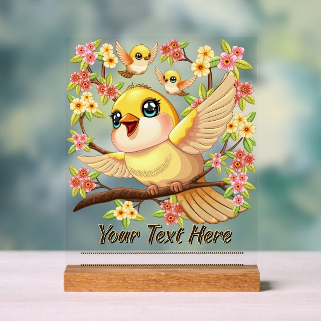 Cute and Happy Birds among Spring Flowers Acrylic Sign (Neutral)