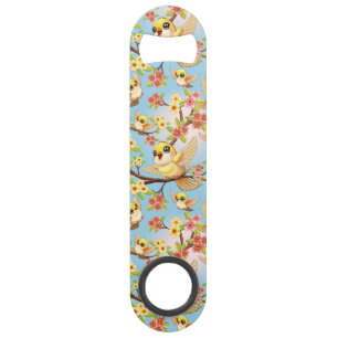Cute and Happy Birds among Spring Flowers Bar Key