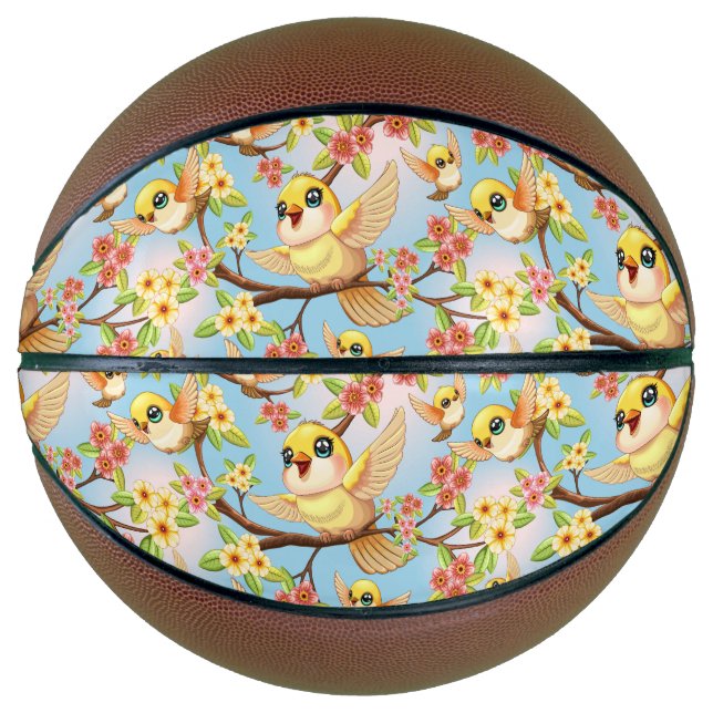 Cute and Happy Birds among Spring Flowers Basketball (Front)