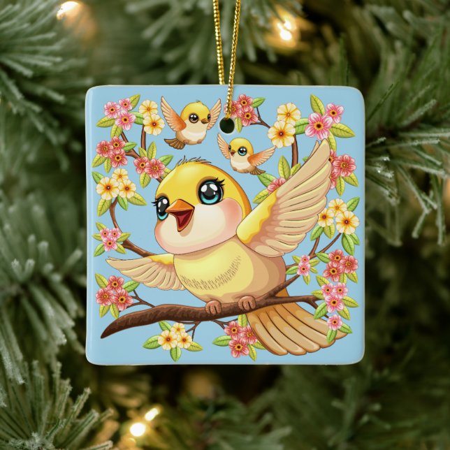 Cute and Happy Birds among Spring Flowers Ceramic Ornament (Tree)
