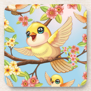 Cute and Happy Birds among Spring Flowers Coaster