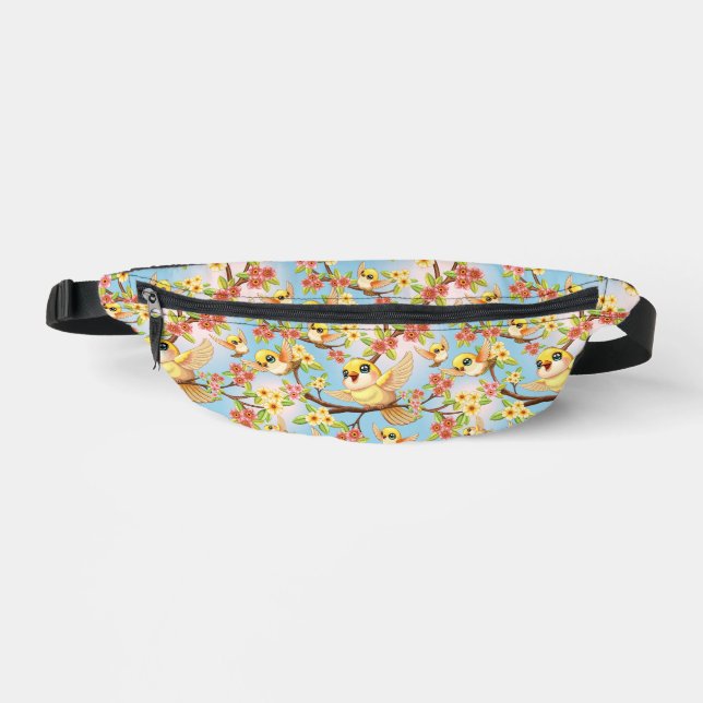 Cute and Happy Birds among Spring Flowers Fanny Pack (Front)