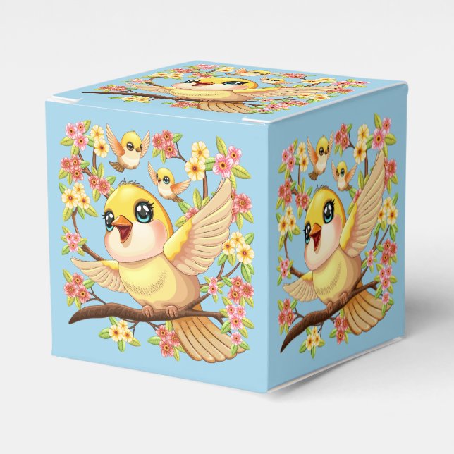 Cute and Happy Birds among Spring Flowers Favor Box (Front Side)