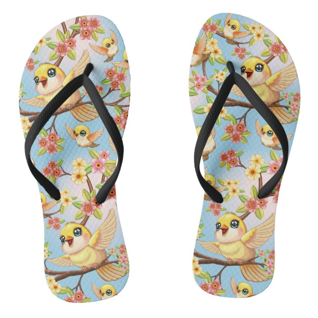 Cute and Happy Birds among Spring Flowers Flip Flops (Footbed)