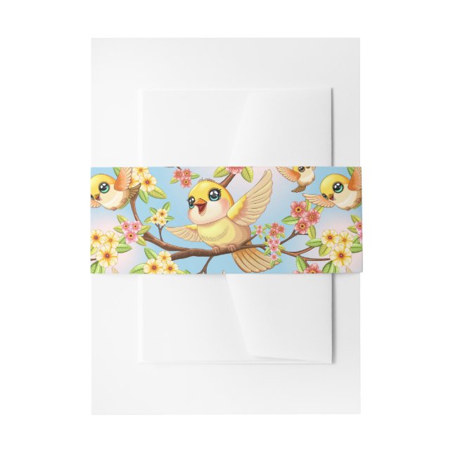 Cute and Happy Birds among Spring Flowers Invitation Belly Band (Front Example)