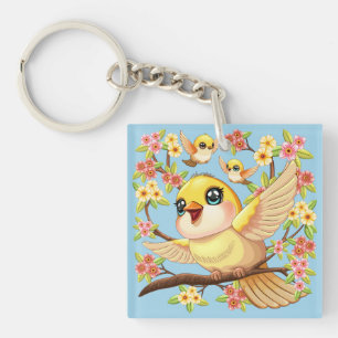 Cute and Happy Birds among Spring Flowers Keychain