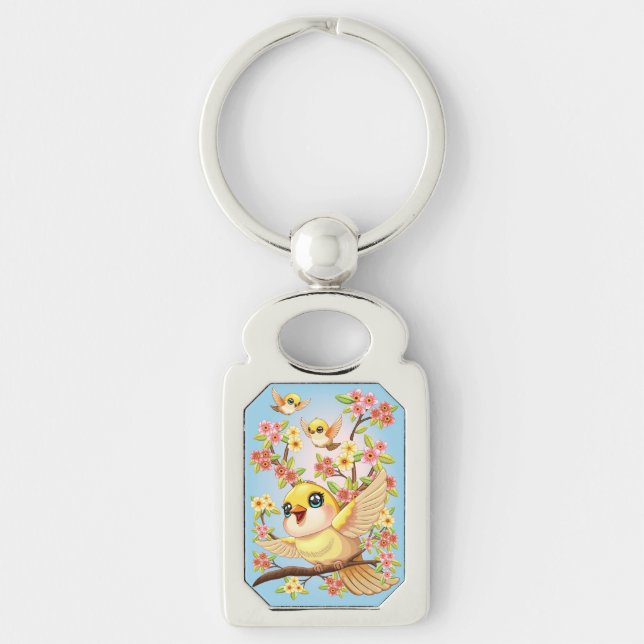Cute and Happy Birds among Spring Flowers Keychain (Front)