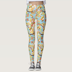 Cute and Happy Birds among Spring Flowers Leggings