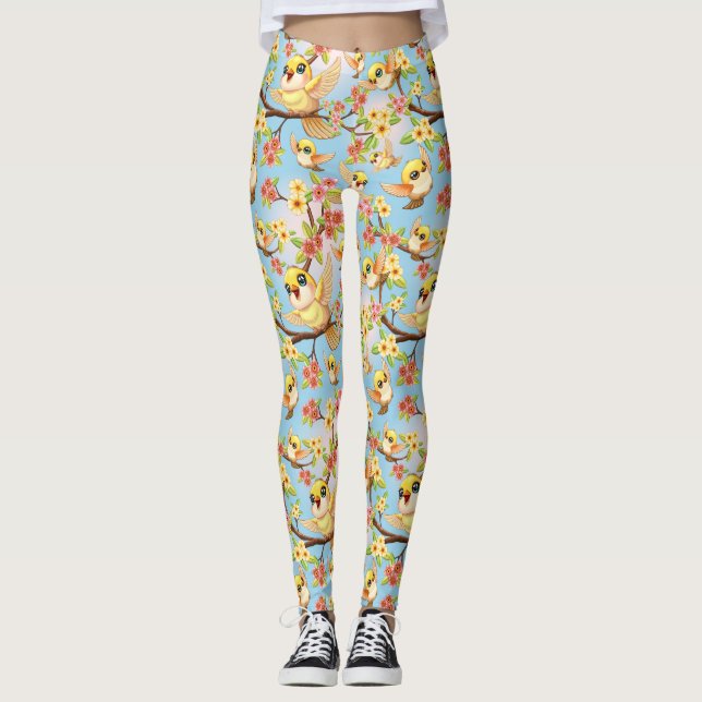 Cute and Happy Birds among Spring Flowers Leggings (Front)