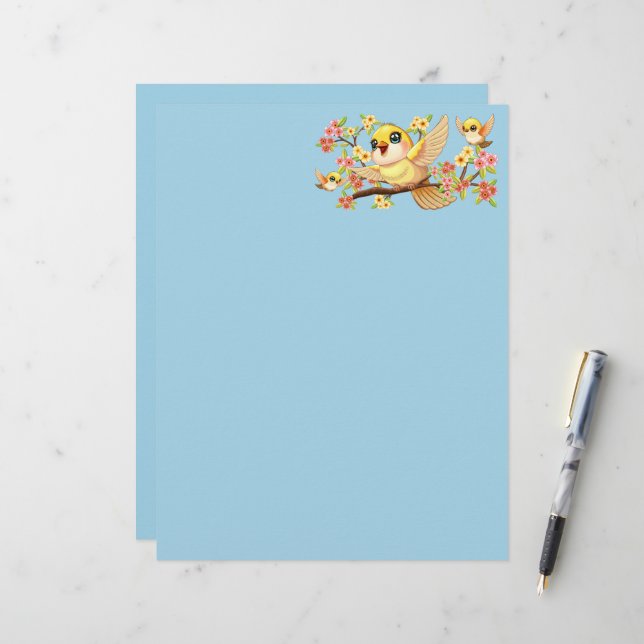 Cute and Happy Birds among Spring Flowers Letterhead (Front/Back In Situ)