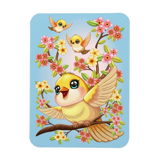 Cute and Happy Birds among Spring Flowers Magnet (Vertical)