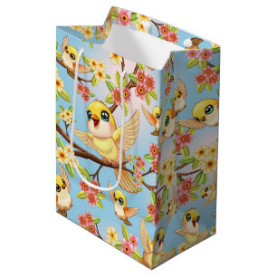 Cute and Happy Birds among Spring Flowers Medium Gift Bag