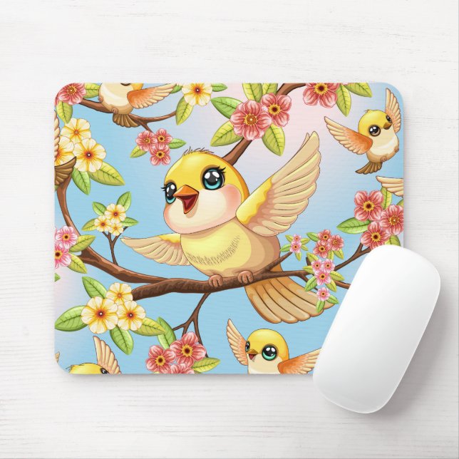 Cute and Happy Birds among Spring Flowers Mouse Pad (With Mouse)